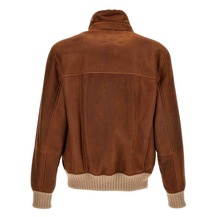 Blouson Aviateur Bomber cuir suède marron poches plaquées Brunello Cucinelli