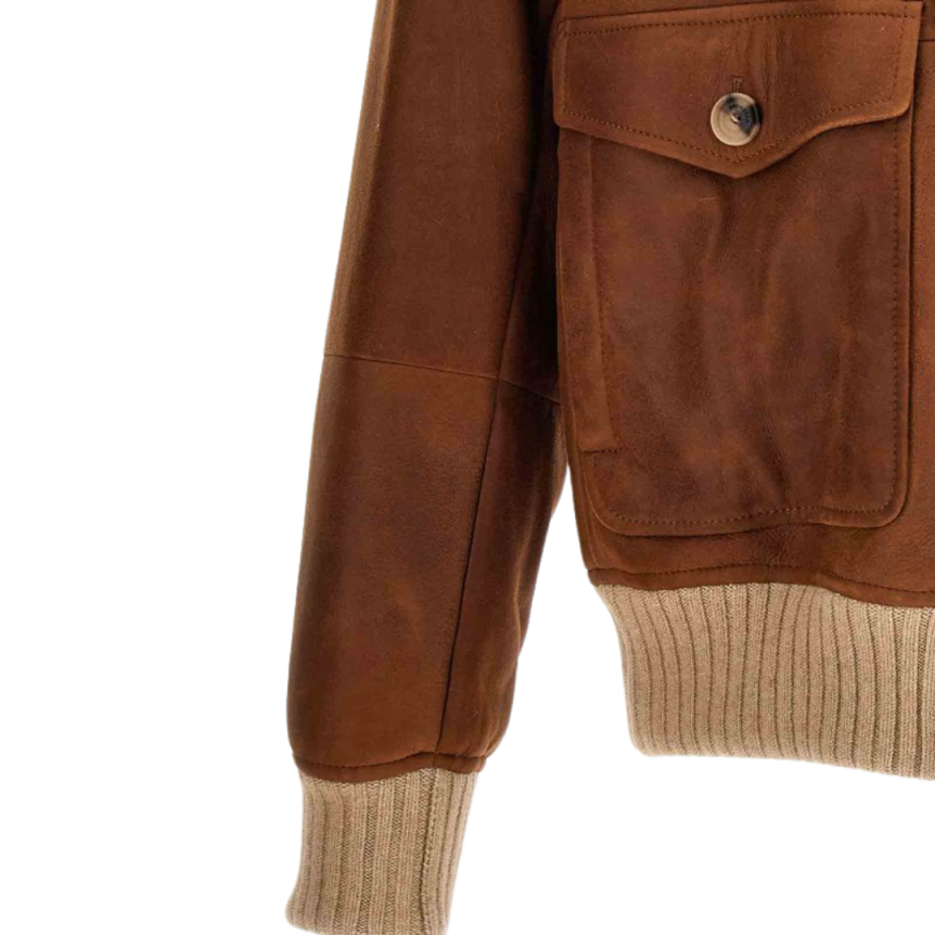 Blouson Aviateur Bomber cuir suède marron poches plaquées Brunello Cucinelli