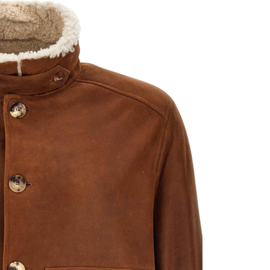 Blouson Aviateur Bomber cuir suède marron poches plaquées Brunello Cucinelli