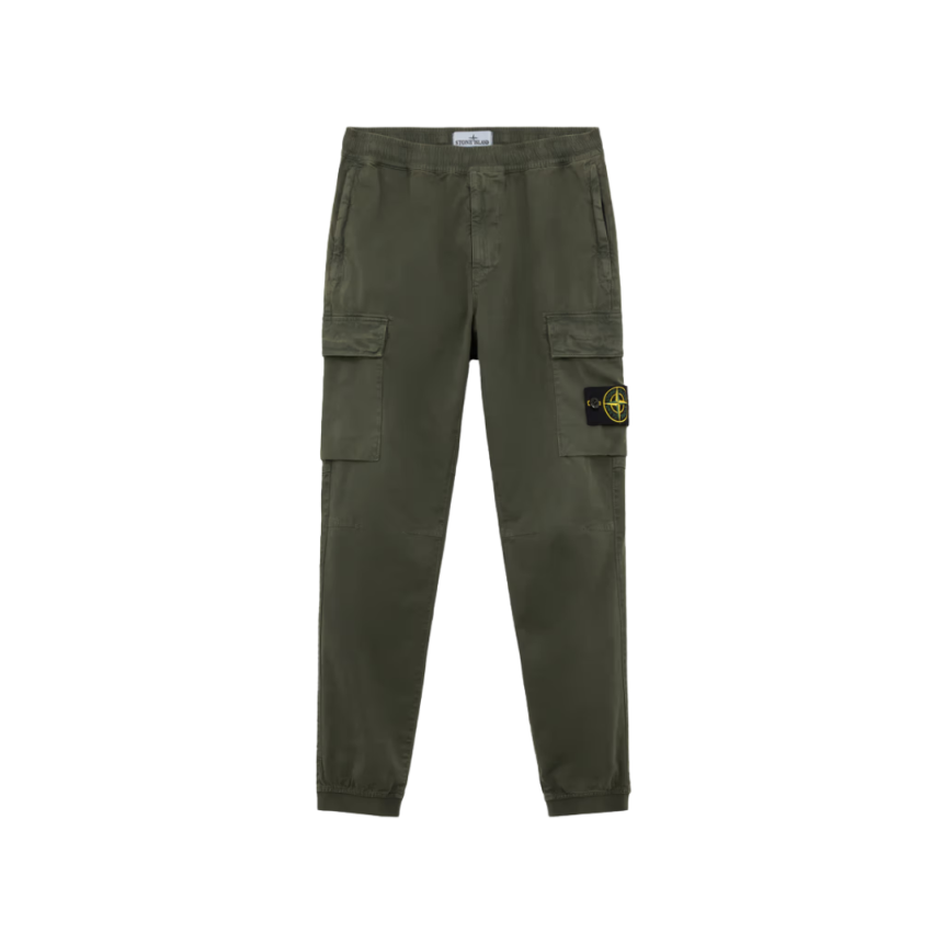 Pantalon cargo STONE ISLAND sergé de coton bio kaki délavé bas élastique