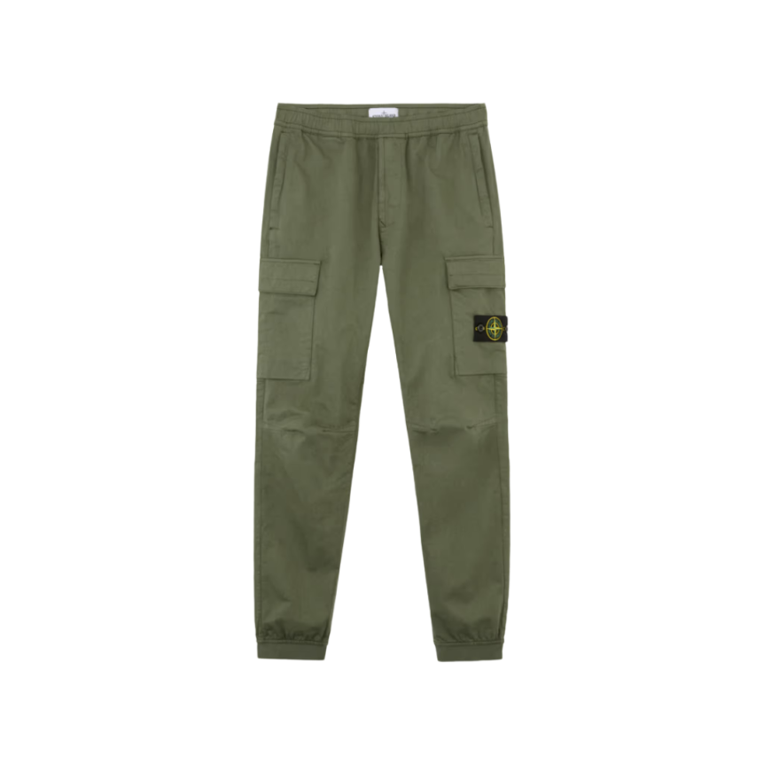 Pantalon cargo STONE ISLAND satin laine coton stretch kaki bas élastique
