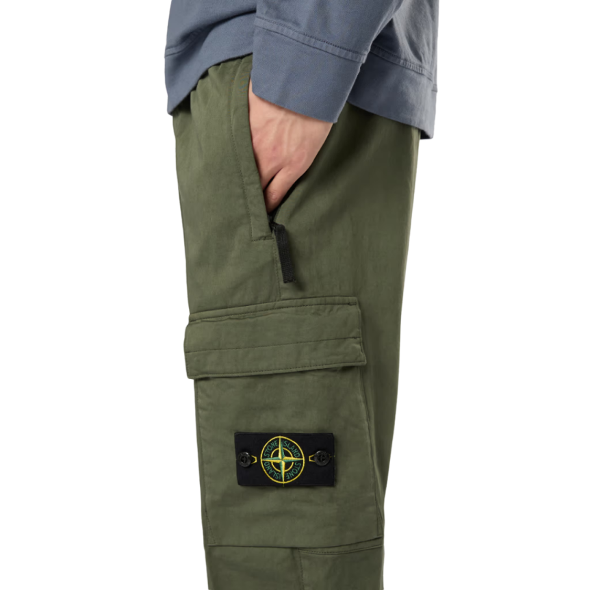 Pantalon cargo STONE ISLAND satin laine coton stretch kaki bas élastique
