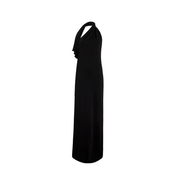 Robe longue KHAITE Roza viscose noir col foulard asymétrique