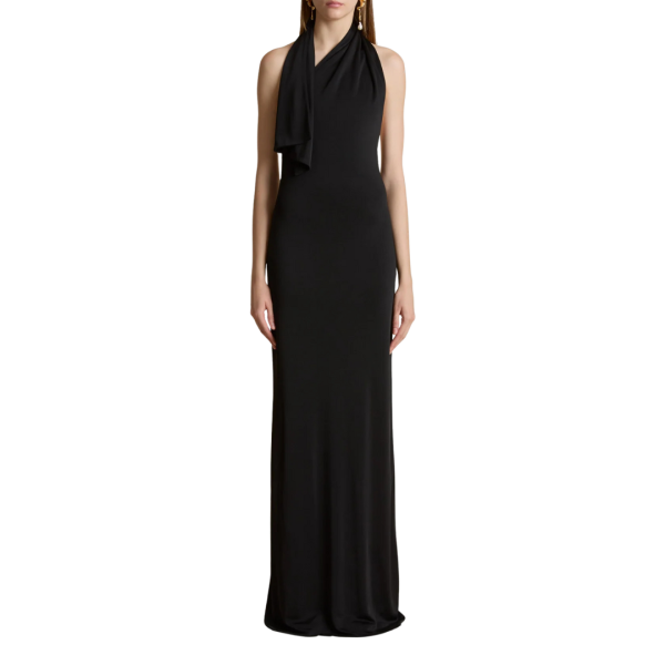 Robe longue KHAITE Roza viscose noir col foulard asymétrique