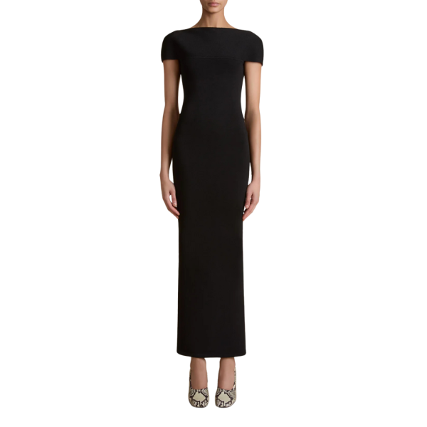 Robe longue KHAITE Basile fendue viscose noir col bateau incurvé