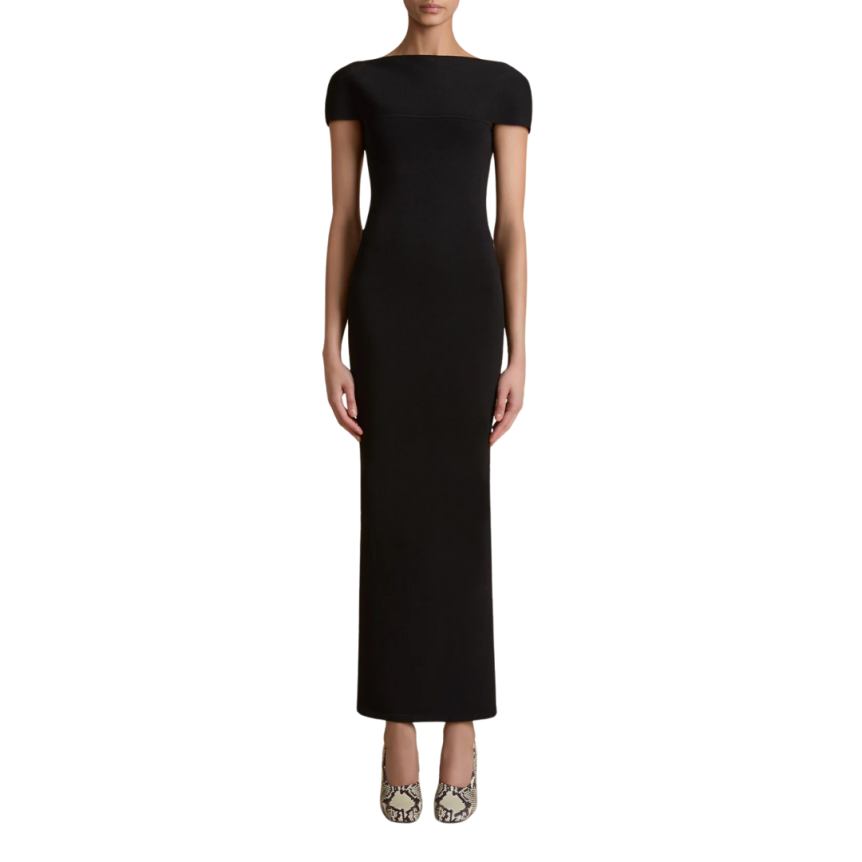Robe longue KHAITE Basile fendue viscose noir col bateau incurvé