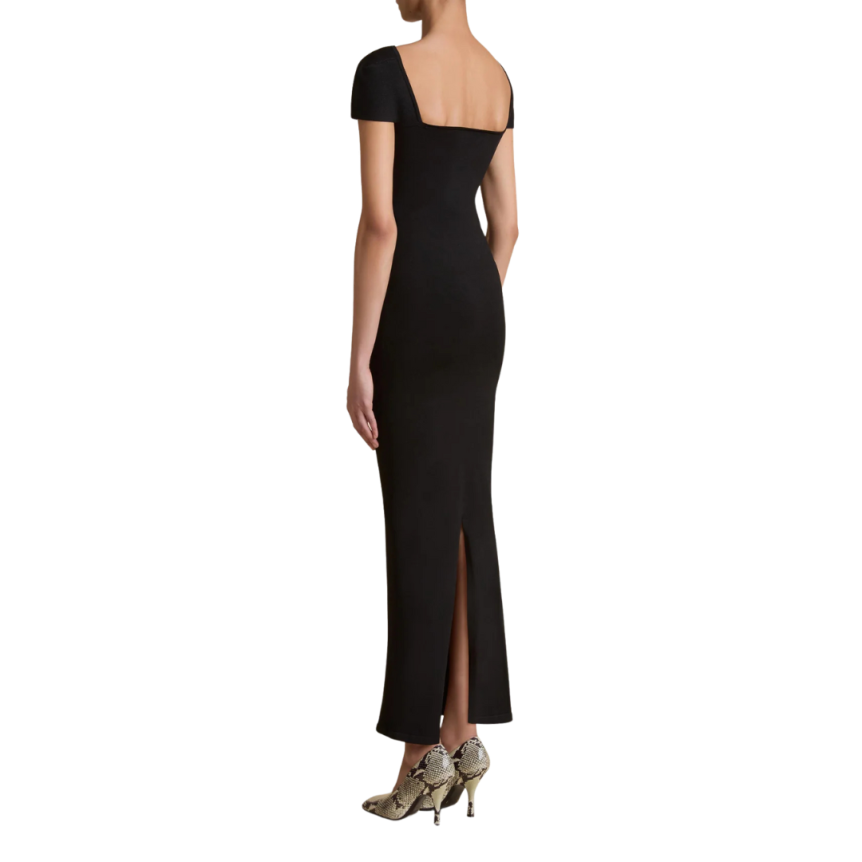 Robe longue KHAITE Basile fendue viscose noir col bateau incurvé