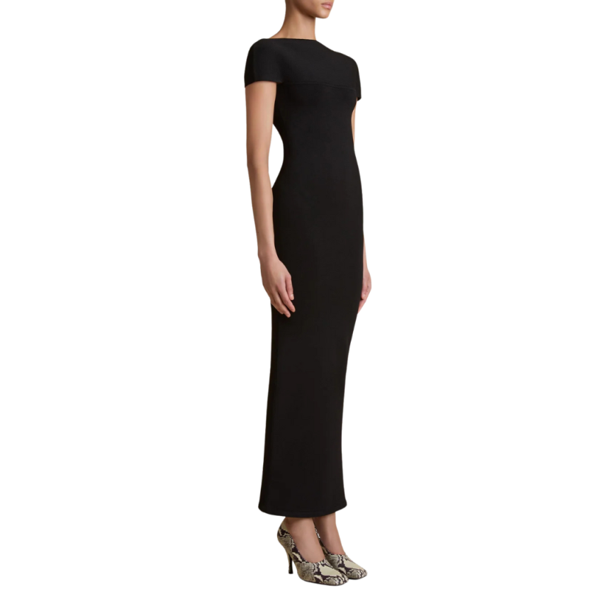 Robe longue KHAITE Basile fendue viscose noir col bateau incurvé