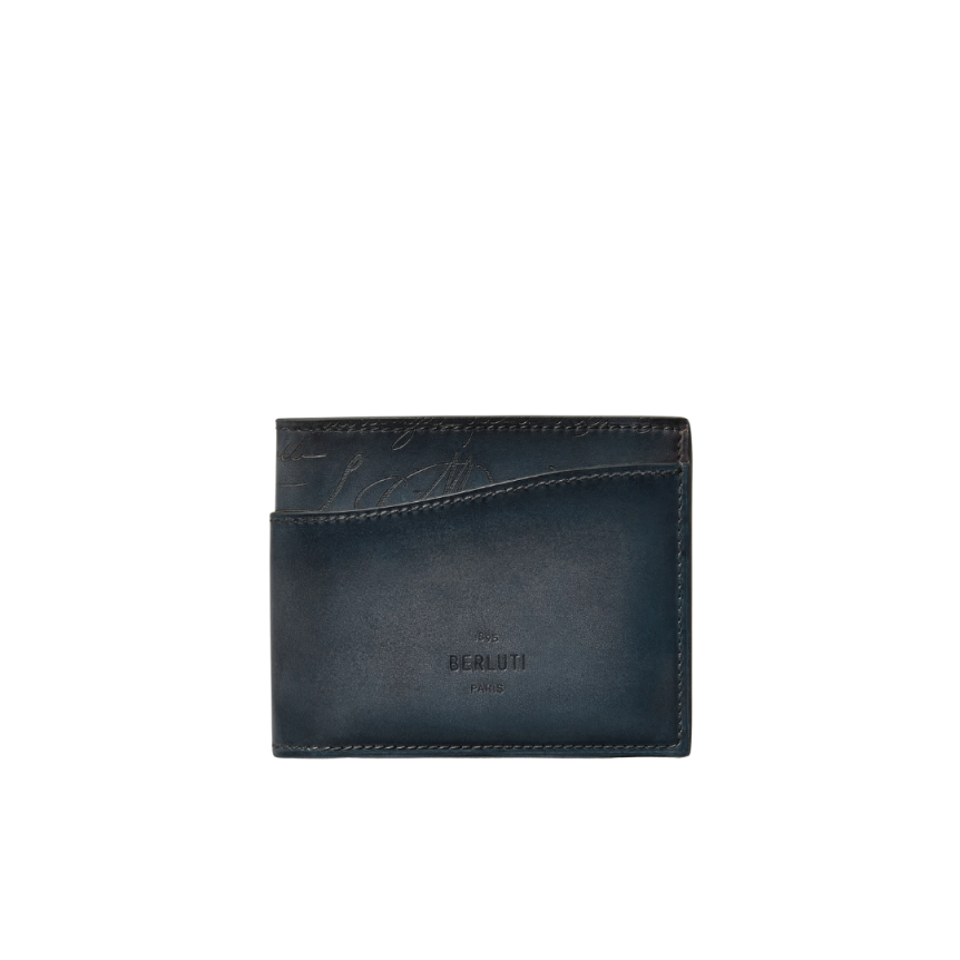 Portefeuille Compact BERLUTI Makore Slim cuir veau bleu marine Scritto