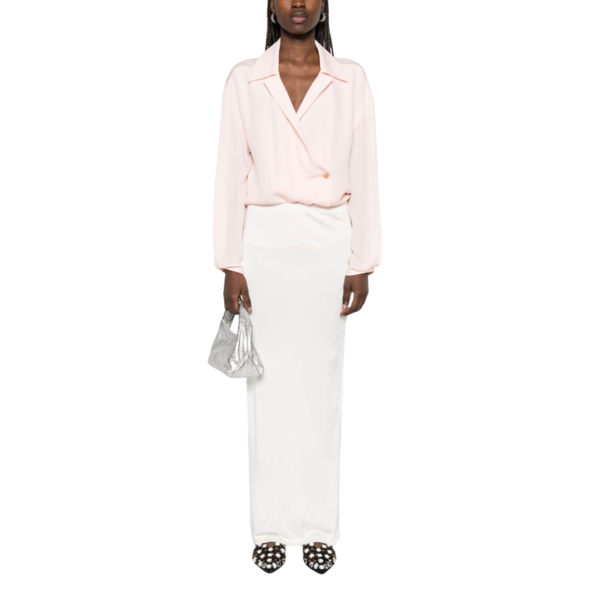 Blouse croisée KHAITE Ashton cache cœur popeline coton rose pale