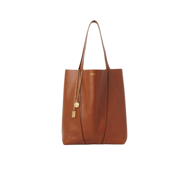 Grand sac cabas CHLOE Spin cuir camel charms métal doré