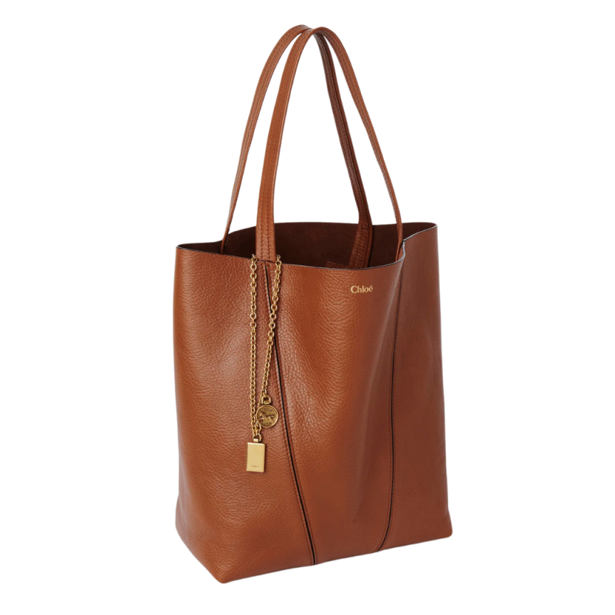 Grand sac cabas CHLOE Spin cuir camel charms métal doré