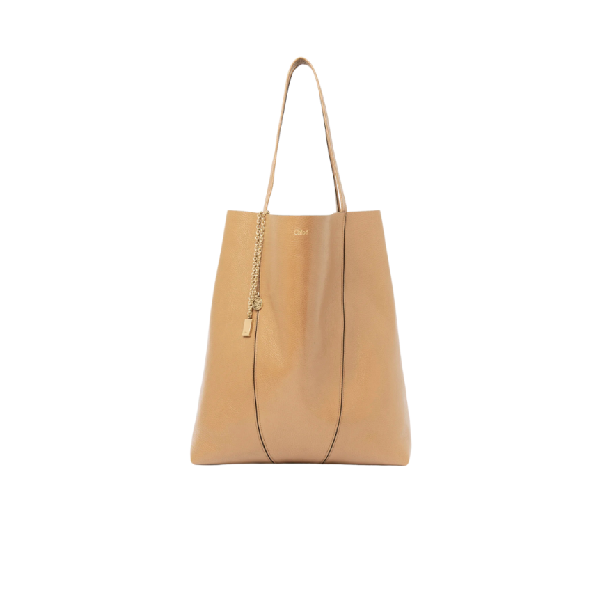 Grand sac cabas CHLOE Spin cuir beige jaune charms métal doré