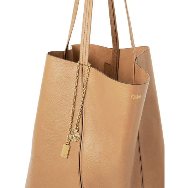 Grand sac cabas CHLOE Spin cuir beige jaune charms métal doré