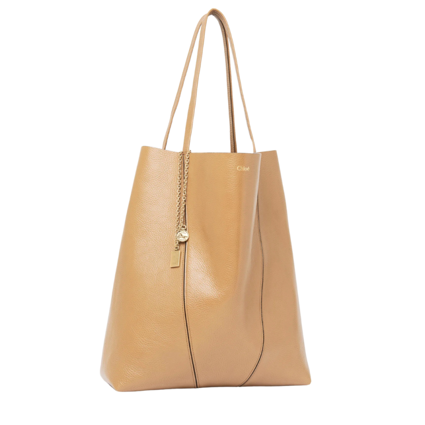 Grand sac cabas CHLOE Spin cuir beige jaune charms métal doré