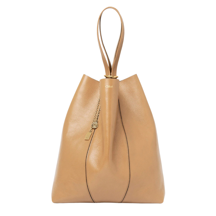 Grand sac cabas CHLOE Spin cuir beige jaune charms métal doré