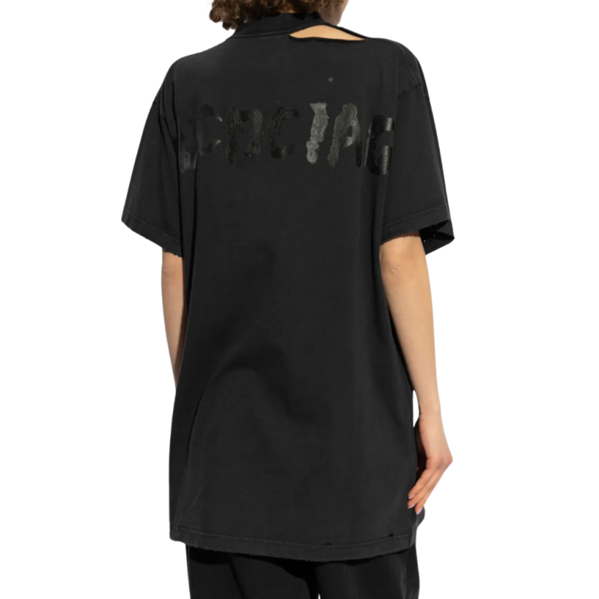T-shirt BALENCIAGA col rond coton noir délavé logo imprimé dos