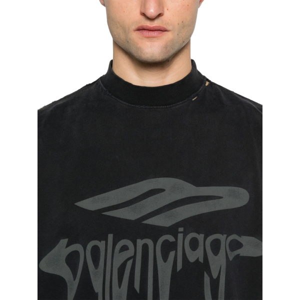 T-shirt BALENCIAGA col rond coton noir logo 3B Liquefied gris