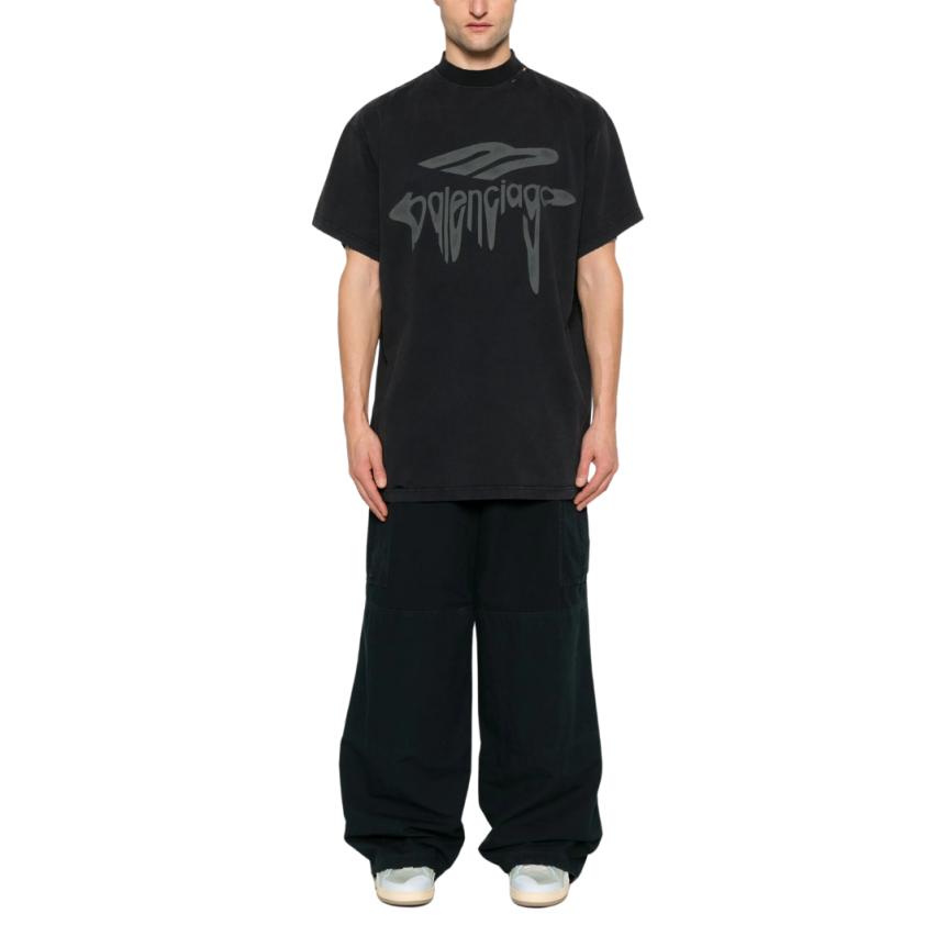 T-shirt BALENCIAGA col rond coton noir logo 3B Liquefied gris