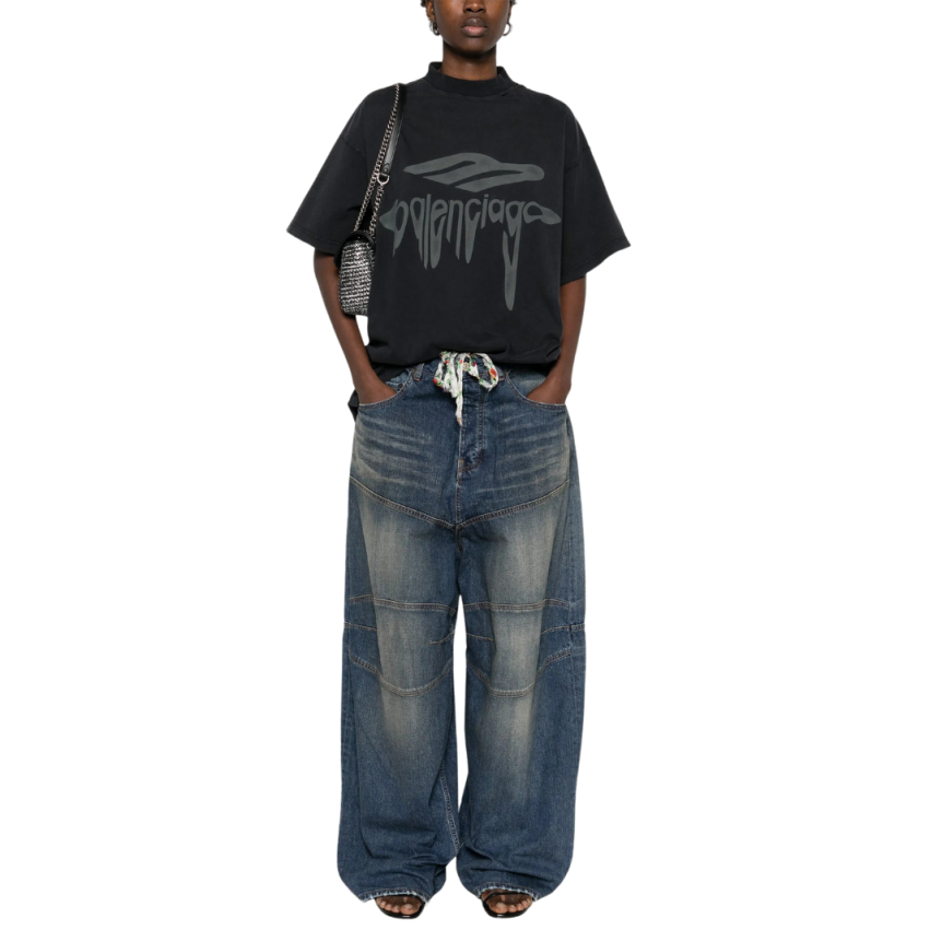 T-shirt BALENCIAGA col rond coton noir logo 3B Liquefied gris