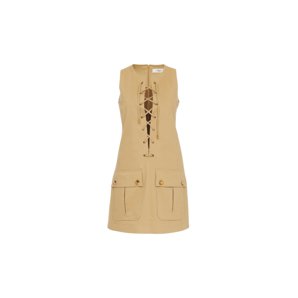 Robe CHLOE mini chasuble coton beige lacets poches
