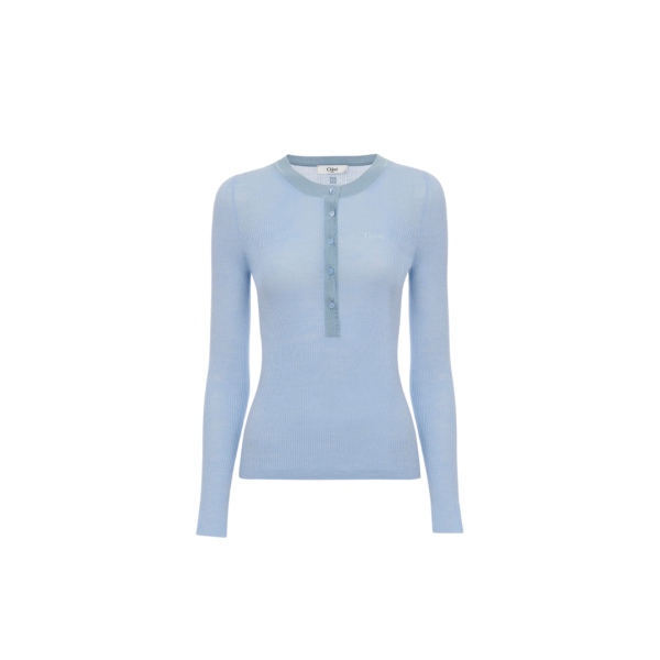 Pull CHLOE Henley col tunisien maille de laine extrafine bleu ciel