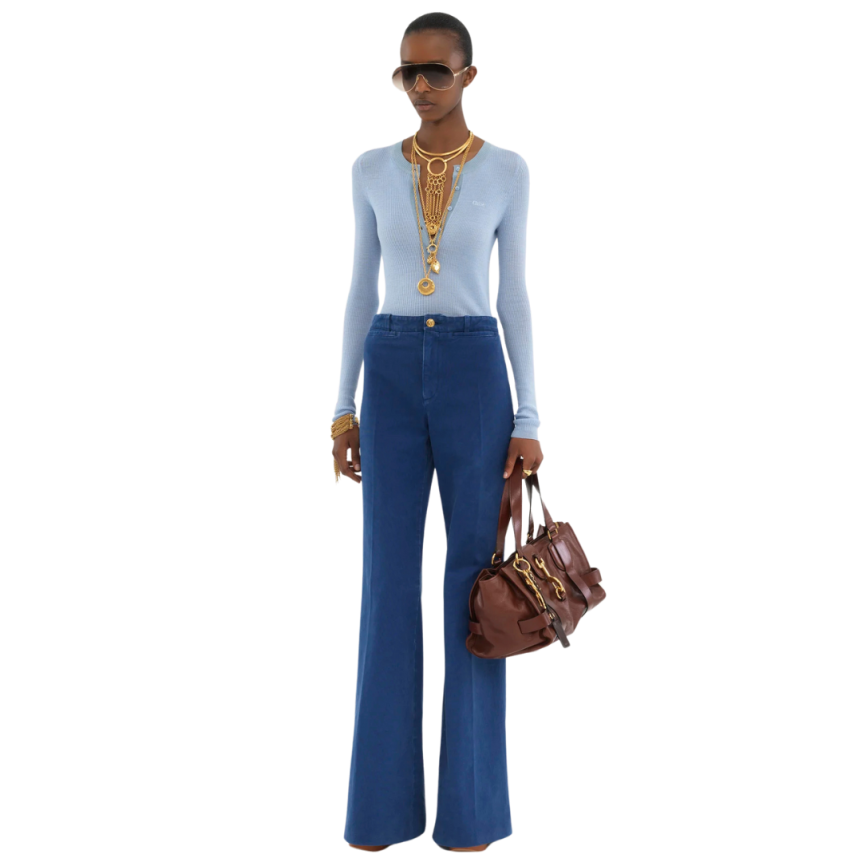 Pull CHLOE Henley col tunisien maille de laine extrafine bleu ciel