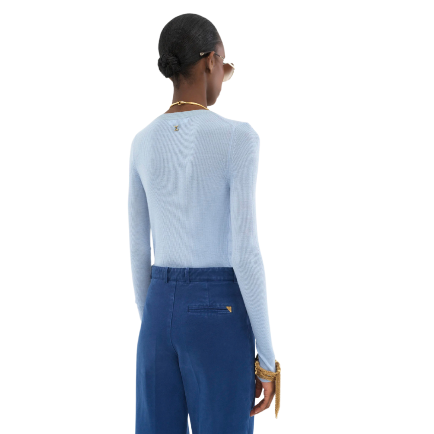 Pull CHLOE Henley col tunisien maille de laine extrafine bleu ciel