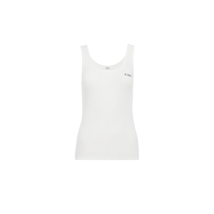Top sans manches CHLOE jersey de coton côtelé blanc logo Chloé