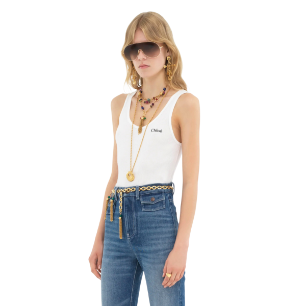Top sans manches CHLOE jersey de coton côtelé blanc logo Chloé