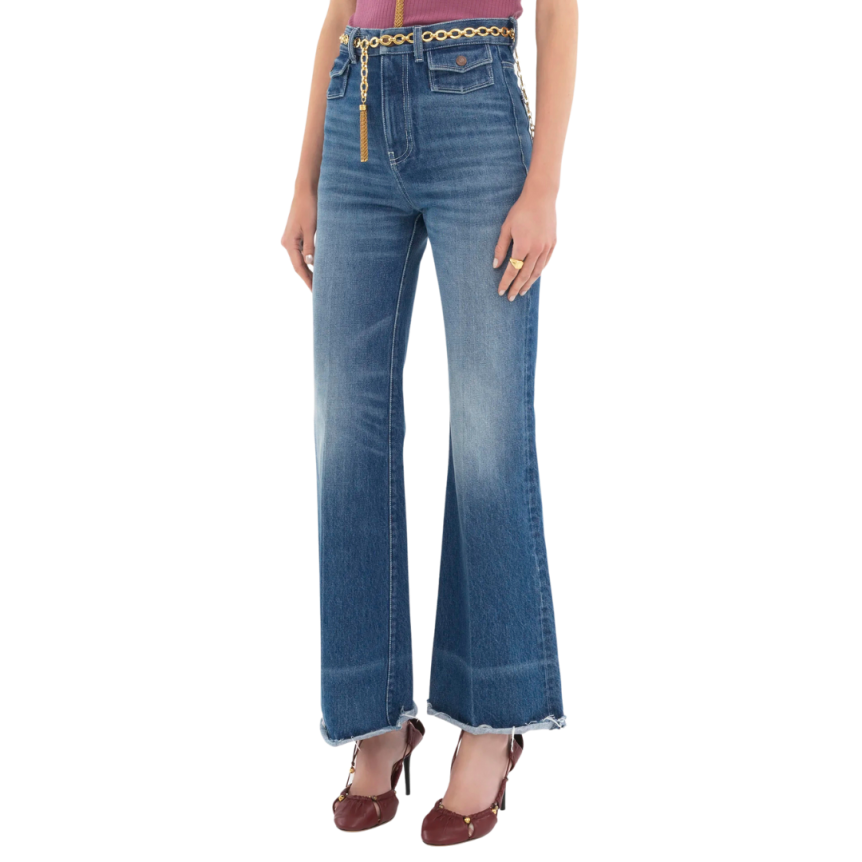 Jean évasé CHLOE taille haute denim de coton bleu foncé