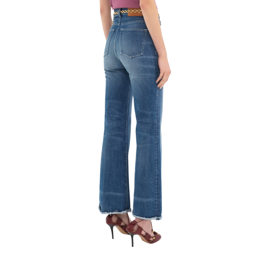 Jean évasé CHLOE taille haute denim de coton bleu foncé