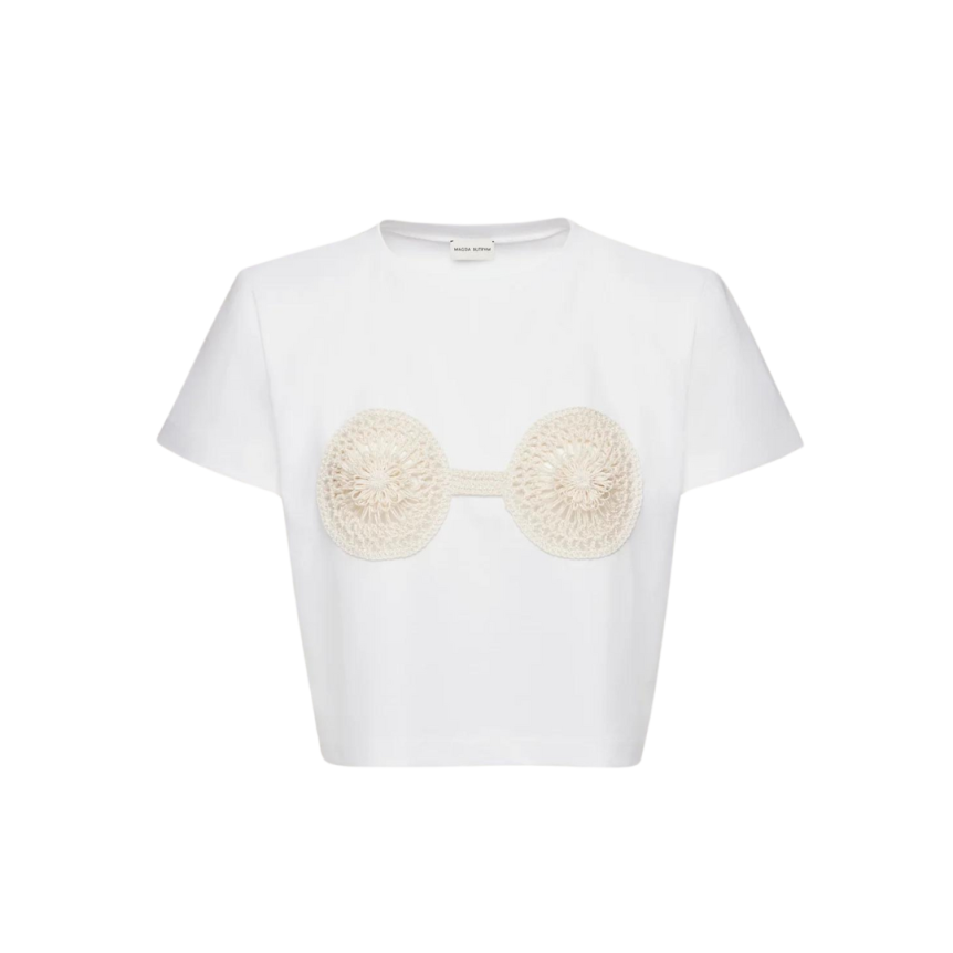 Top col rond MAGDA BUTRYM coton blanc crochet beige poitrine