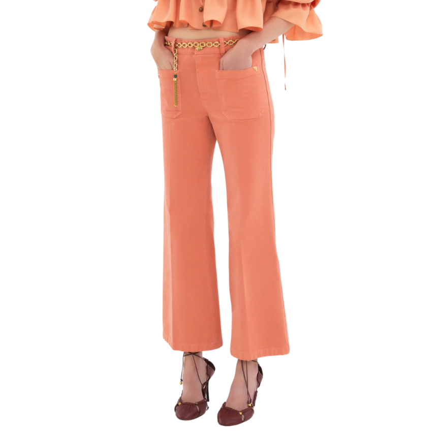 CHLOE Pantalon jean bootcut court toile coton corail