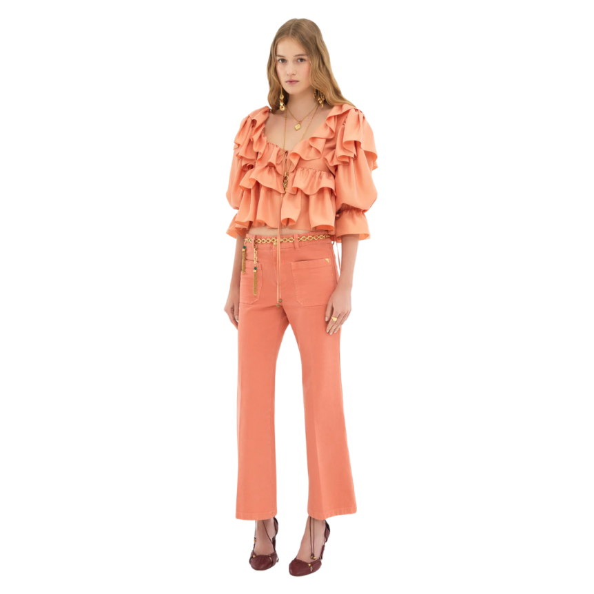 CHLOE Pantalon jean bootcut court toile coton corail