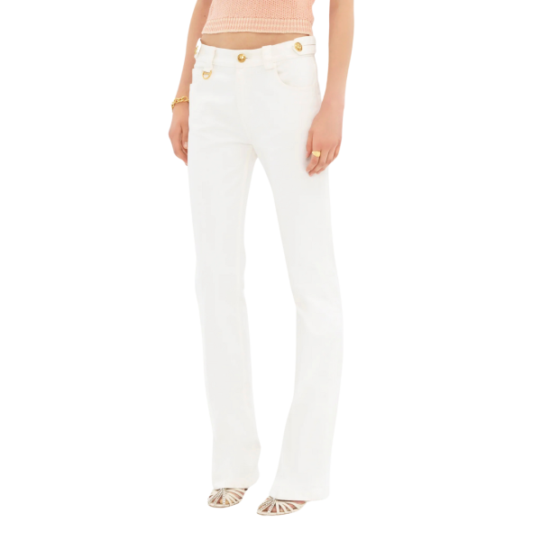 Pantalon droit CHLOE toile de coton bio blanc boutons dorés