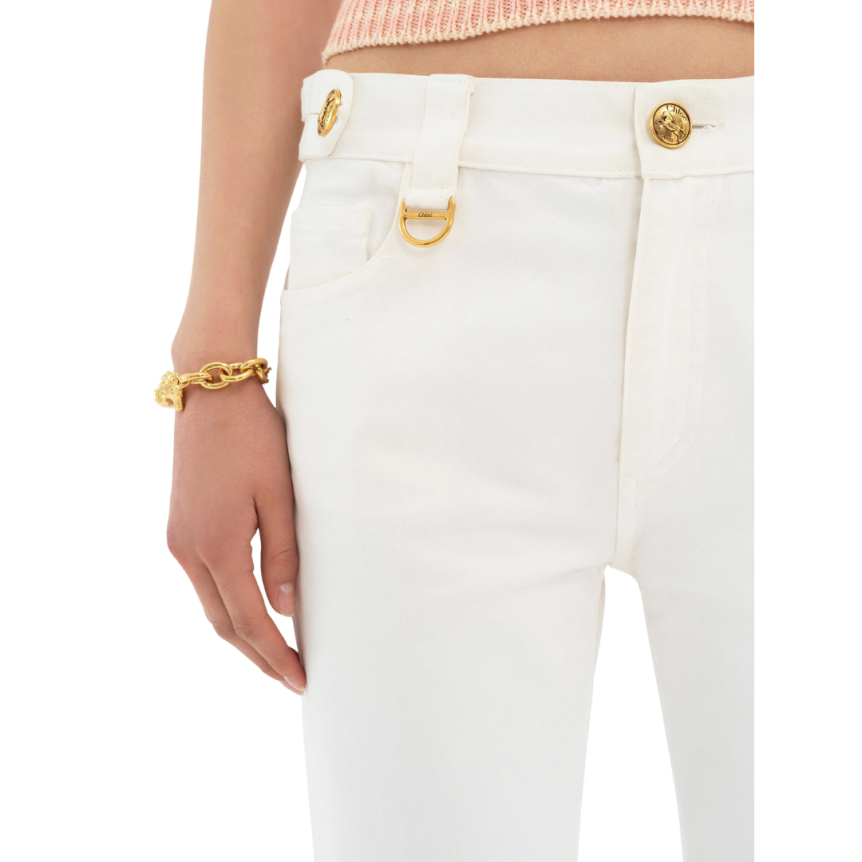 Pantalon droit CHLOE toile de coton bio blanc boutons dorés