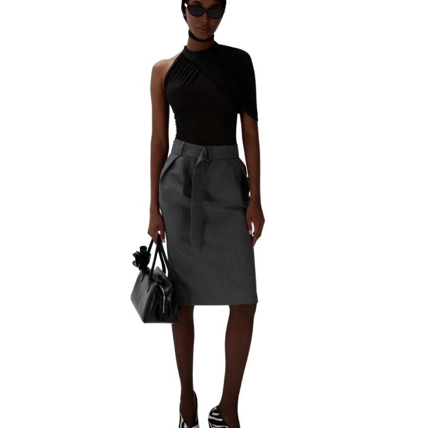 Jupe aux genoux MAGDA BUTRYM laine soie gris ceinture