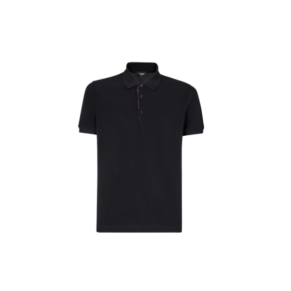 Polo manche courte FENDI coton piqué noir motif soie FF