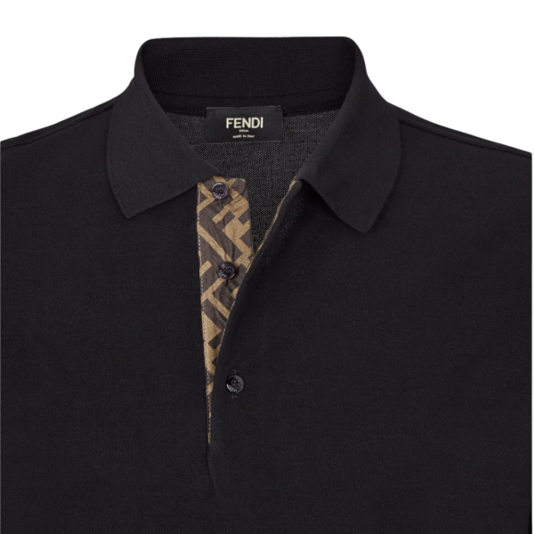 Polo manche courte FENDI coton piqué noir motif soie FF
