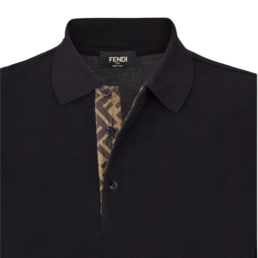 Polo manche courte FENDI coton piqué noir motif soie FF