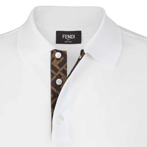 Polo manche courte FENDI coton piqué blanc motif soie FF