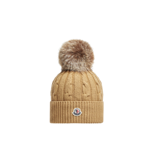 Bonnet MONCLER laine cachemire torsade beige pompon marron