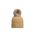Bonnet laine cachemire torsade beige pompon marron