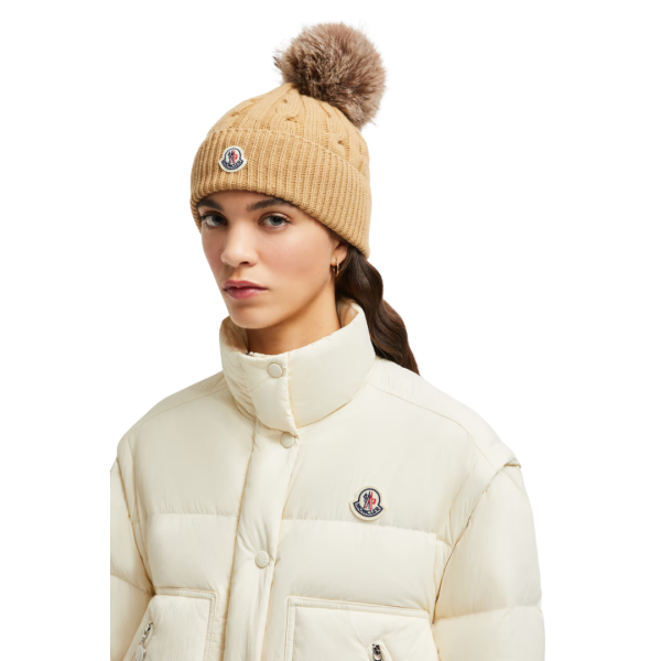 Bonnet MONCLER laine cachemire torsade beige pompon marron