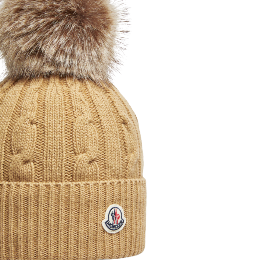 Bonnet MONCLER laine cachemire torsade beige pompon marron