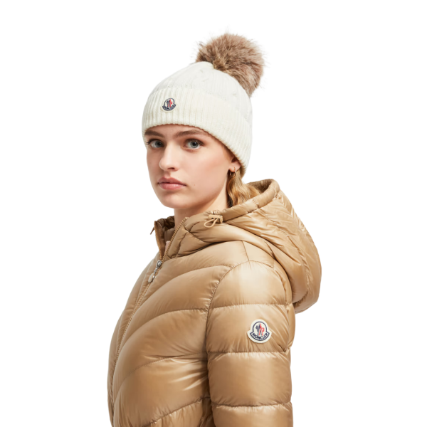 Bonnet MONCLER laine cachemire torsade écru pompon marron