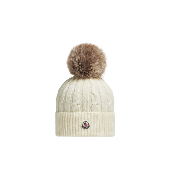 Bonnet MONCLER laine cachemire torsade écru pompon marron