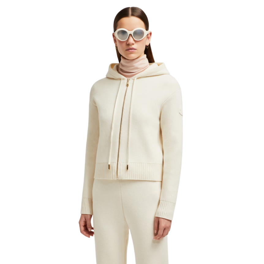 Cardigan zippé à capuche MONCLER en laine et cachemire écru