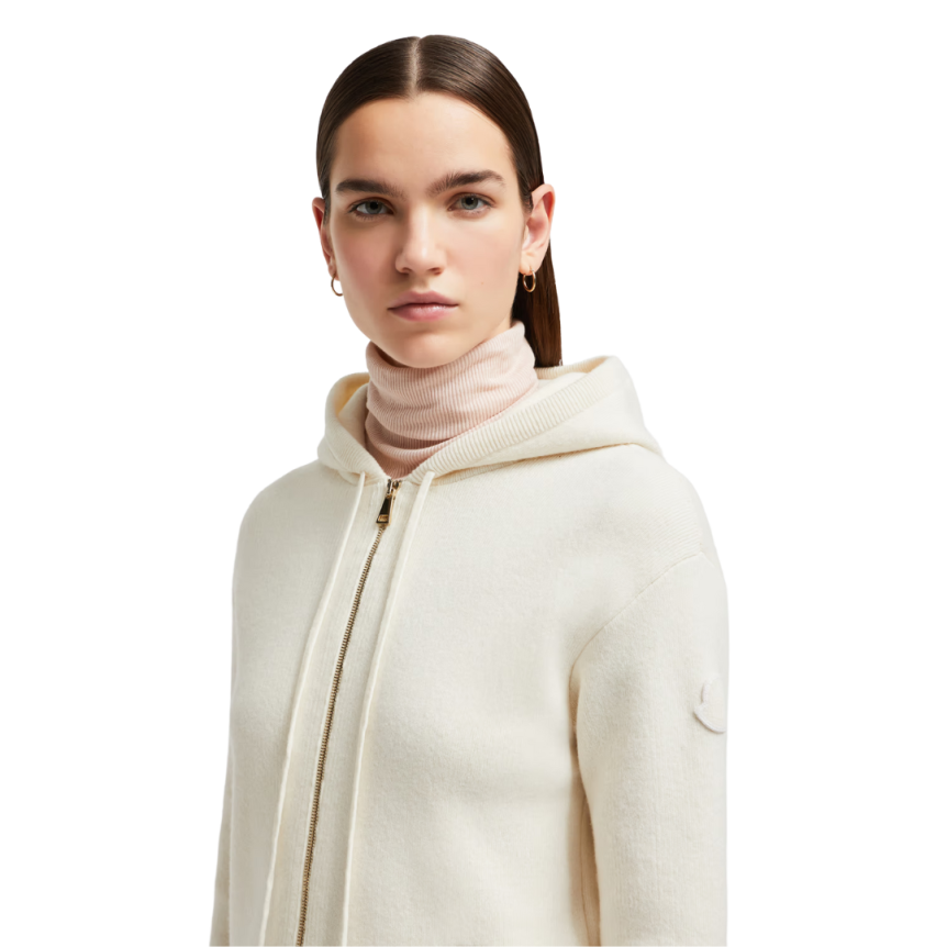 Cardigan zippé à capuche MONCLER en laine et cachemire écru